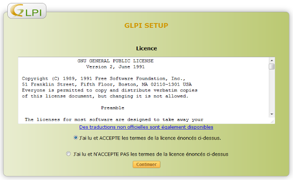GLPI Setup Licence