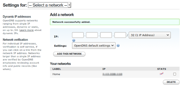 OpenDNS Dashboard - Network Home