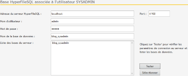 Administrateur WebDev Base HyperFileSQL associée à l'utilisateur SYSADMIN